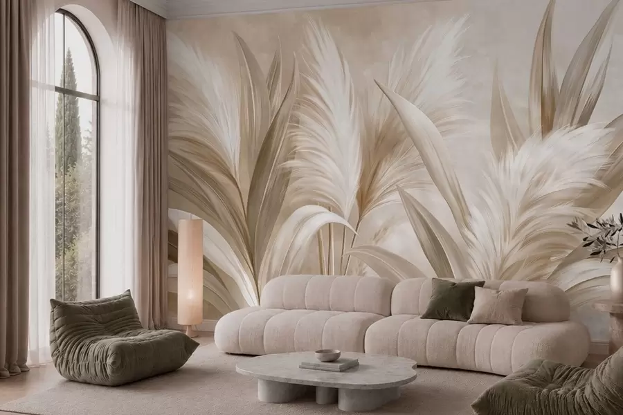 Wall Mural Photo Wallpaper Pale decorative leaves and feathery blooms w05863