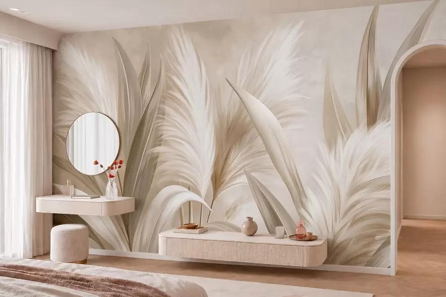 Wall Mural Photo Wallpaper Pale decorative leaves and feathery blooms w05863