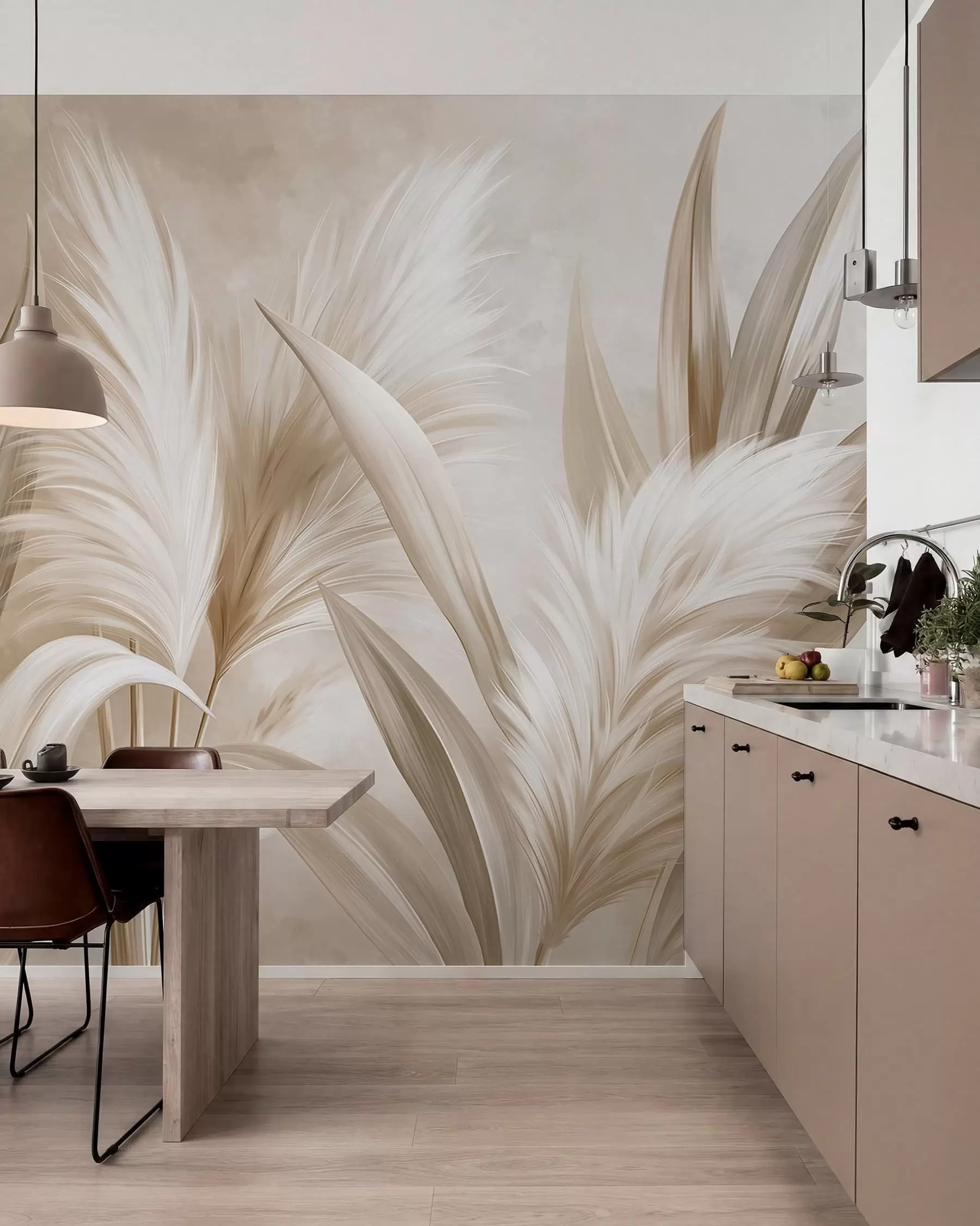 wall murals Pale decorative leaves and feathery blooms w05863