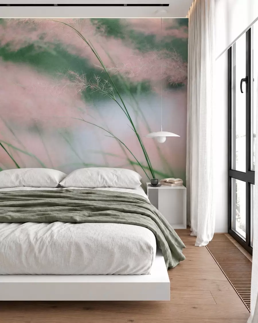 wall murals Delicate pink grasses against a soft green background w05886