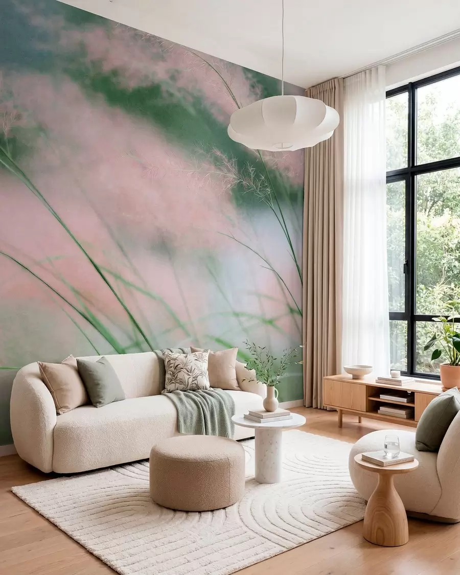 Wall Mural Photo Wallpaper Delicate pink grasses against a soft green background w05886