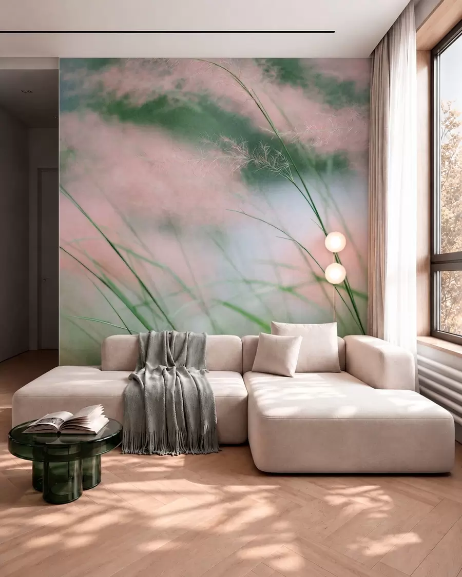 Wall Mural Photo Wallpaper Delicate pink grasses against a soft green background w05886