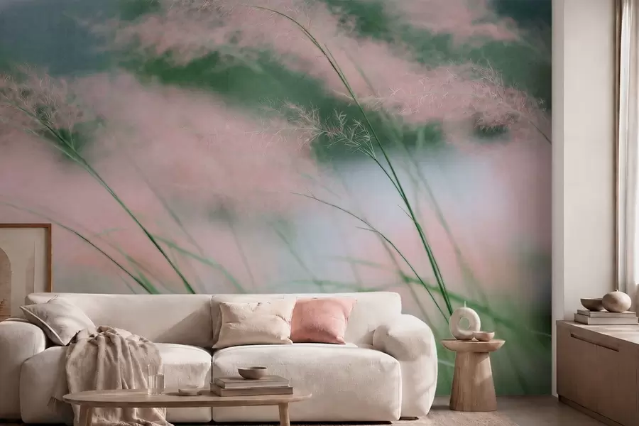 peintures murales Des herbes d'un rose délicat sur un fond vert tendre w05886