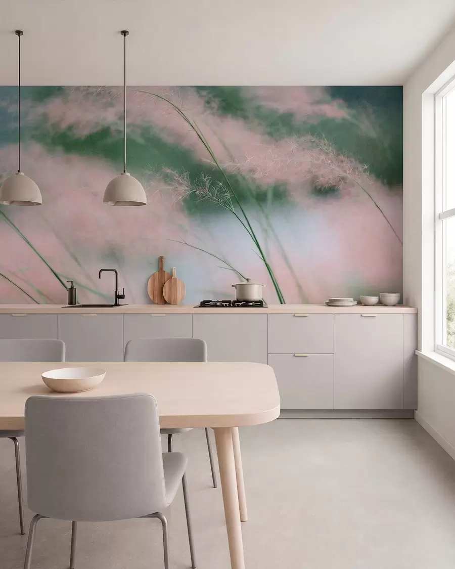 peintures murales Des herbes d'un rose délicat sur un fond vert tendre w05886
