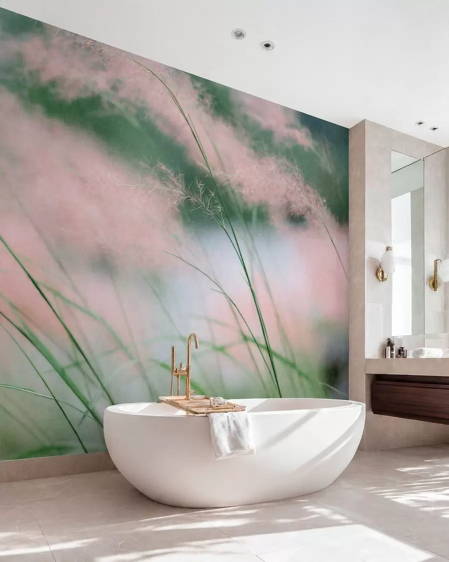 peintures murales Des herbes d'un rose délicat sur un fond vert tendre w05886