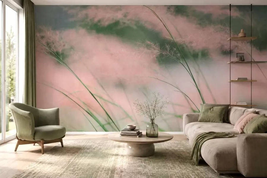 murales Delicadas hierbas rosadas sobre un fondo verde suave w05886v1