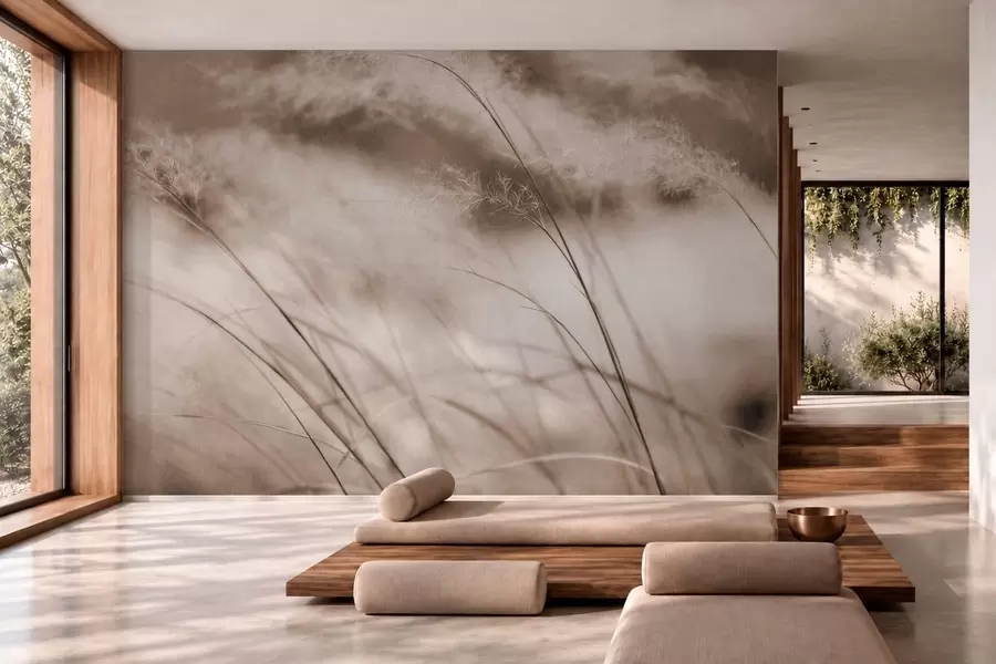 murales Hierbas esbeltas y flores plumosas en tonos beige w05886v2
