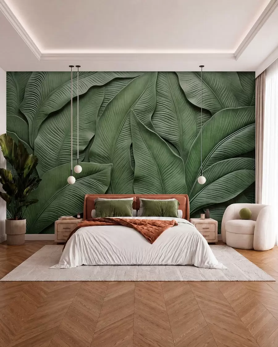 peintures murales Motif dense composé de grandes feuilles vertes w05887