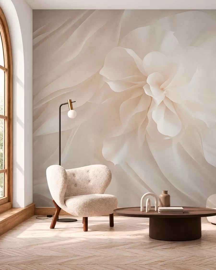 peintures murales Une fleur blanche volumineuse au milieu de formes vaporeuses aux teintes pâles w05894