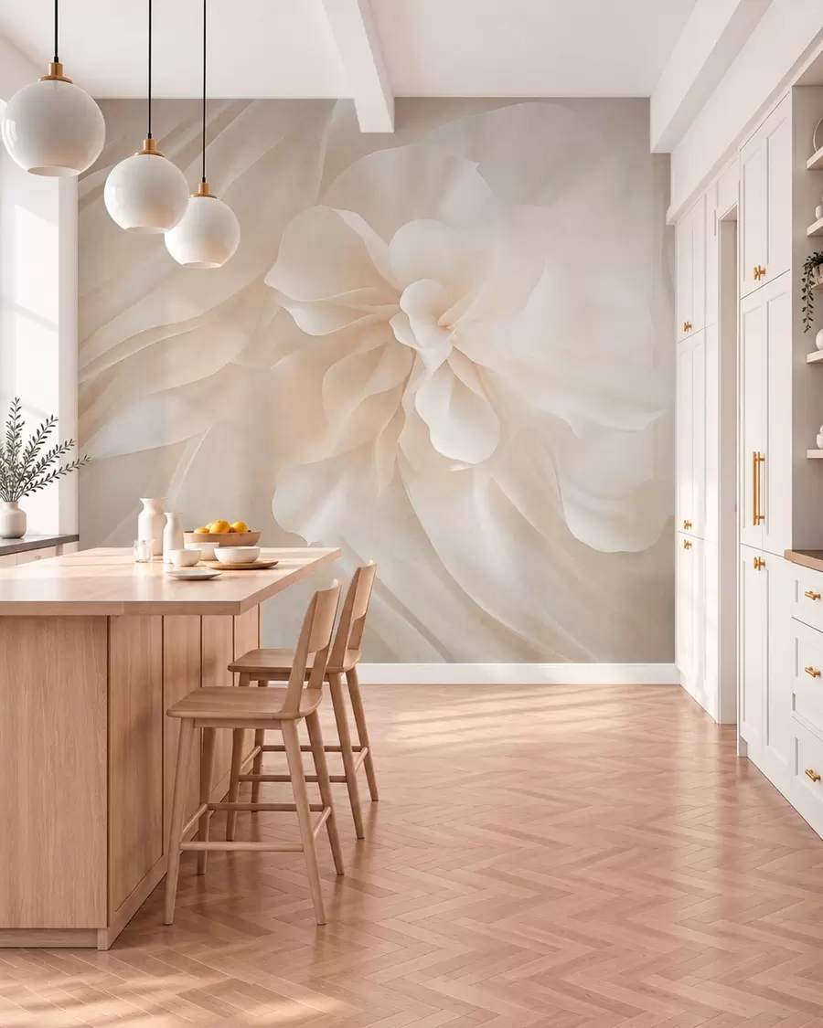 peintures murales Une fleur blanche volumineuse au milieu de formes vaporeuses aux teintes pâles w05894