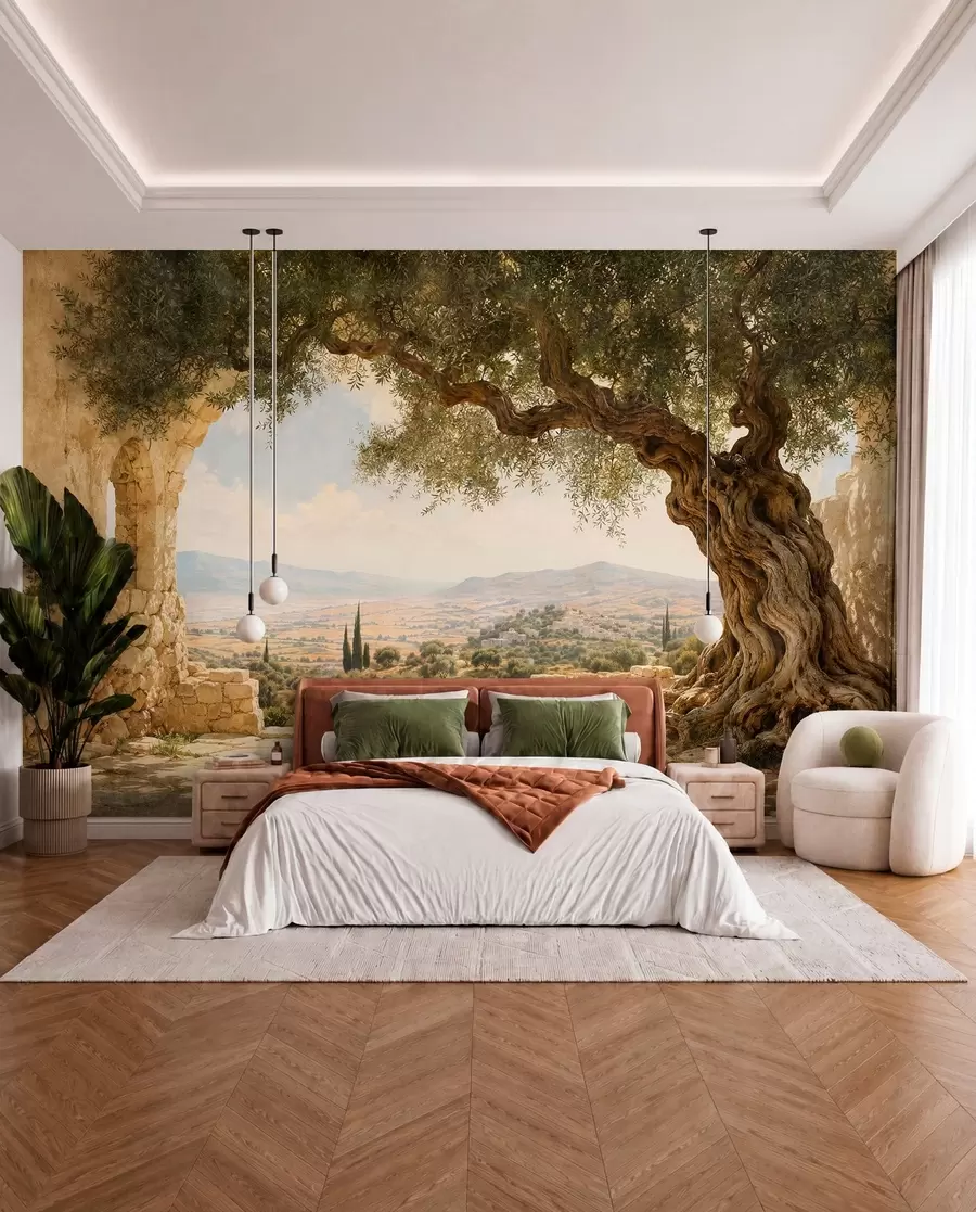 wall murals Ancient olive tree among stone ruins and hills w05896