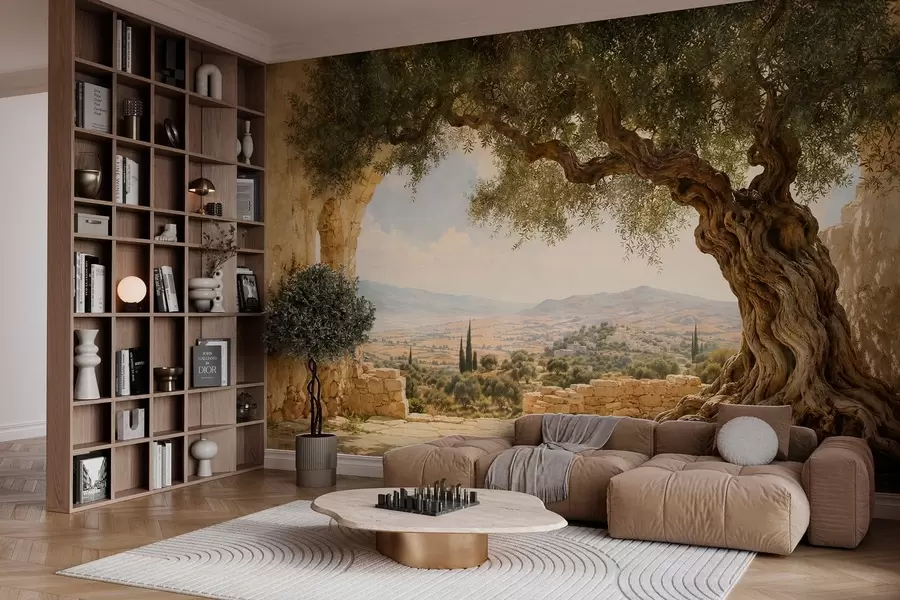 wall murals Ancient olive tree among stone ruins and hills w05896