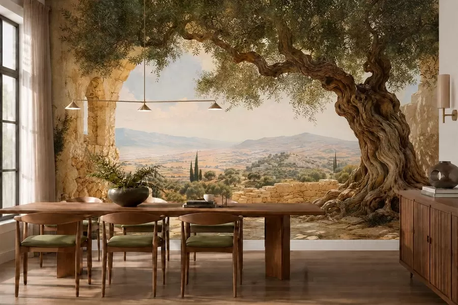 wall murals Ancient olive tree among stone ruins and hills w05896
