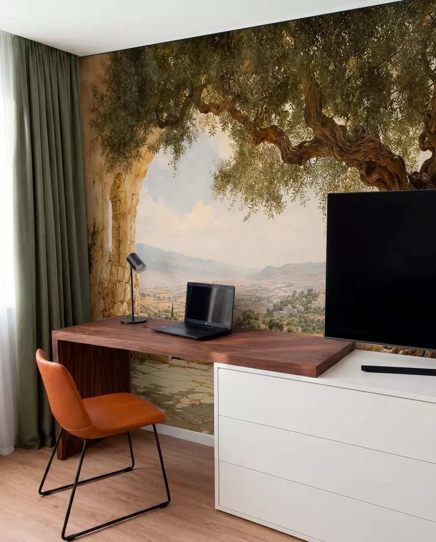 wall murals Ancient olive tree among stone ruins and hills w05896