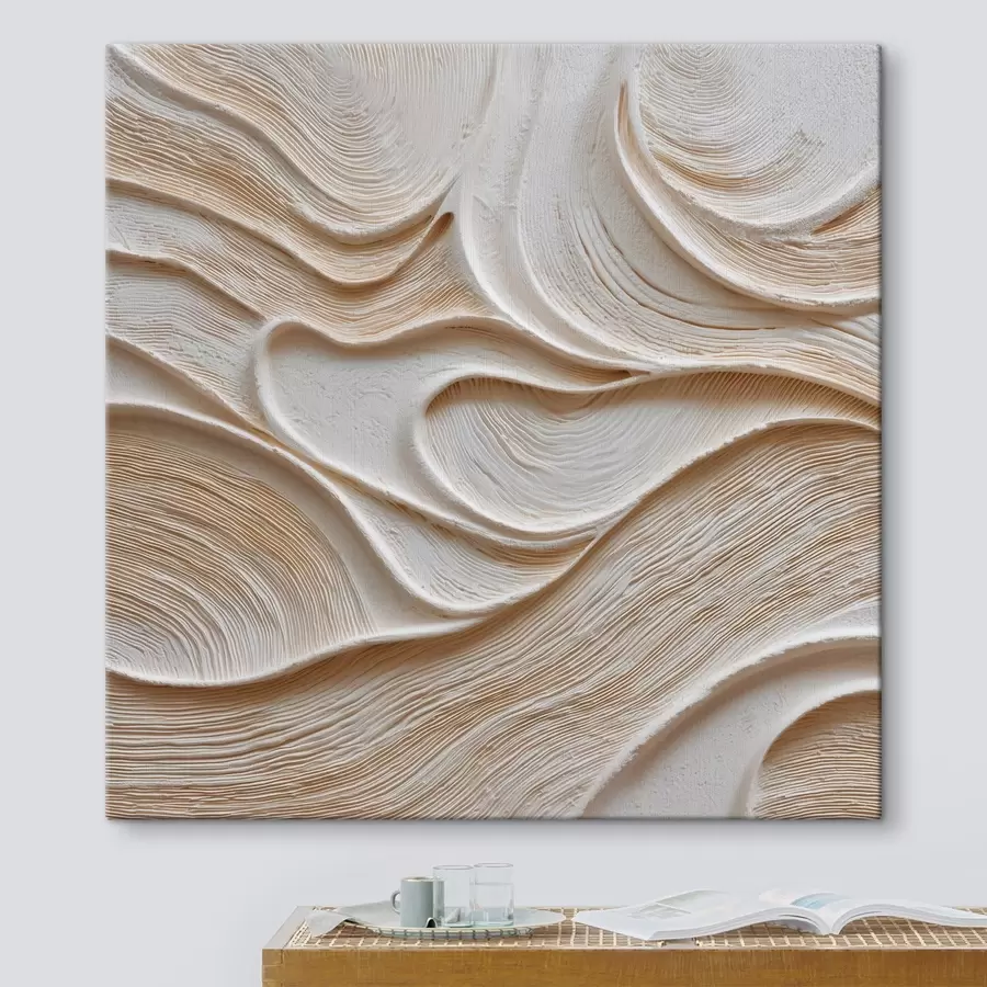murales Una composición tridimensional con líneas onduladas suaves y fluidas en una paleta de tonos beige y crema s50005