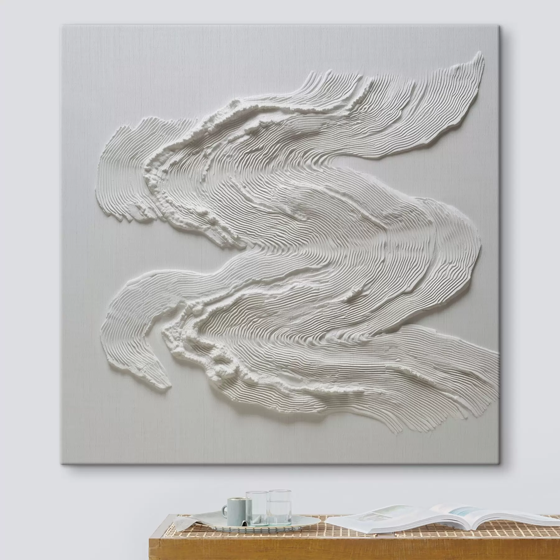 wall murals A dimensional wavy abstraction with expressive linear texture in monochromatic white s50007