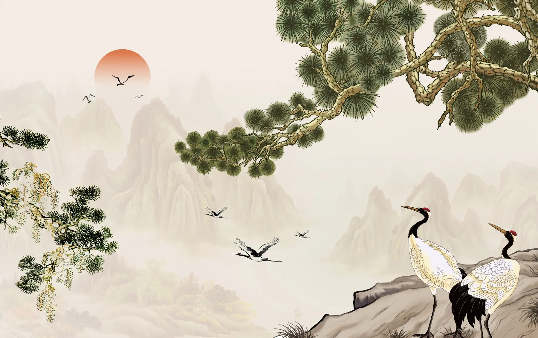 wall murals Mountains, storks under the pine u34508