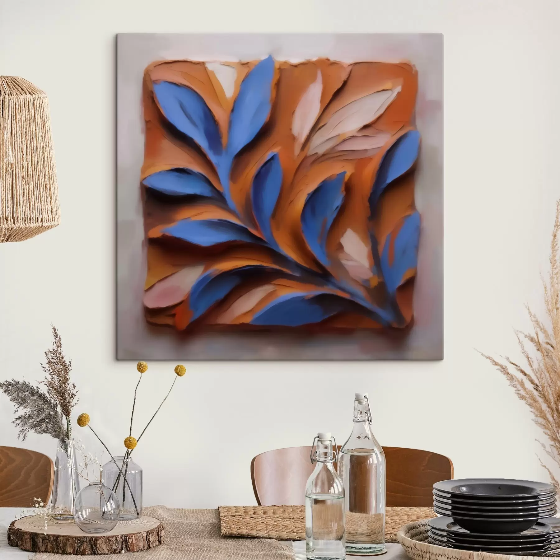 murales Una composición botánica tridimensional con hojas azules sobre un fondo de terracota, realizada con la técnica del impasto. s50018