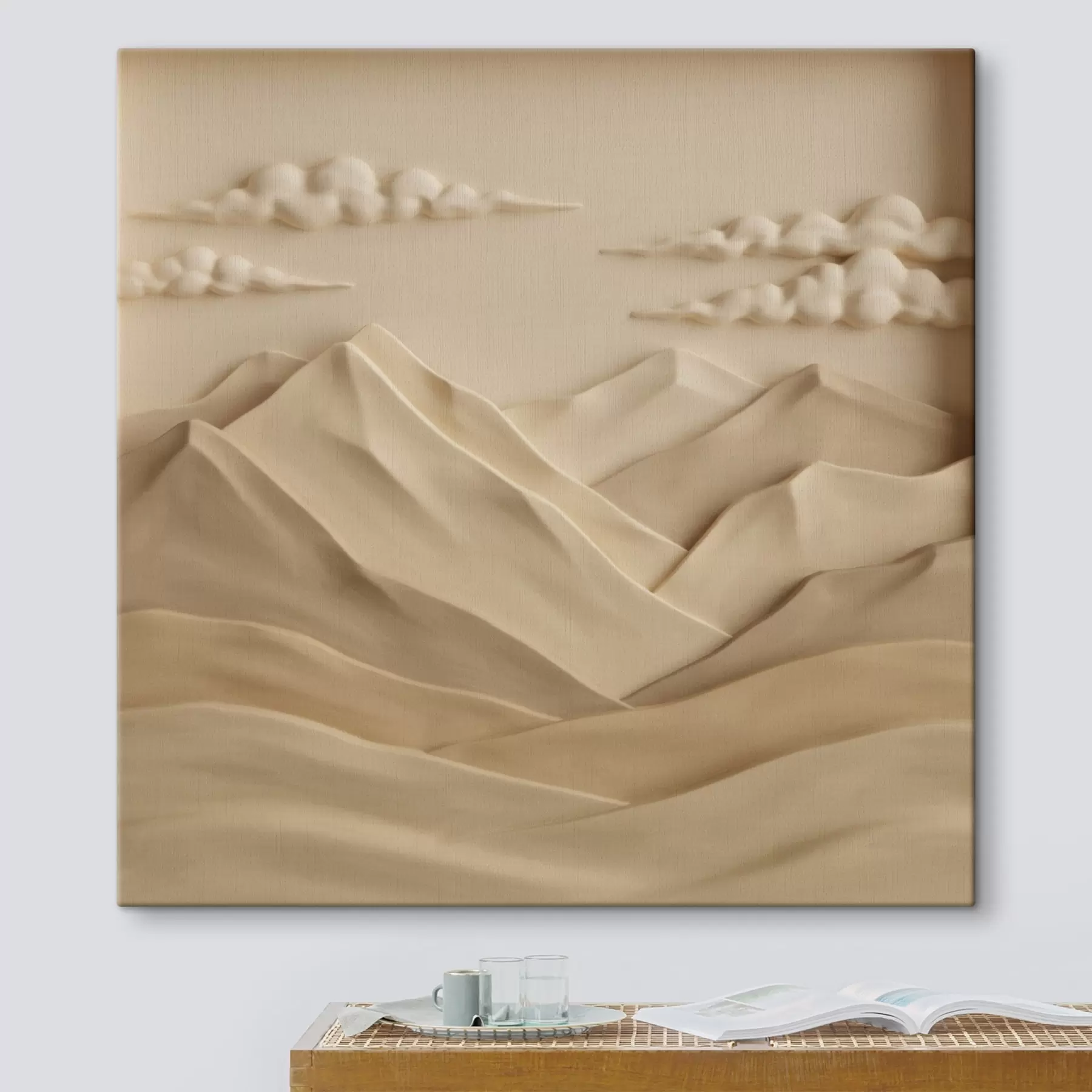 murales Un paisaje minimalista con montañas y nubes en relieve, en un estilo contemporáneo s50019