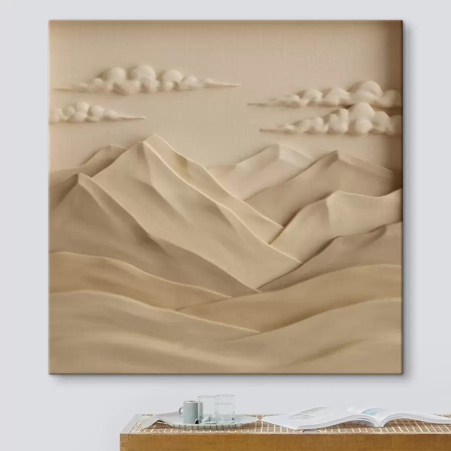 wall murals A minimalist landscape with dimensional mountains and clouds in a contemporary relief style s50019