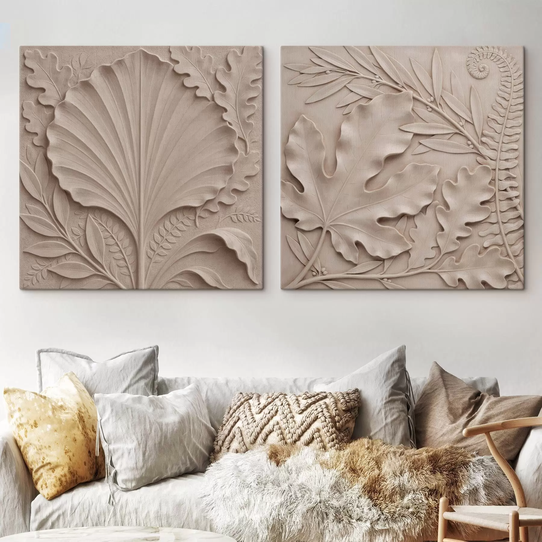 wall murals A dimensional botanical diptych with textured relief leaves in a beige and sandy palette m30762