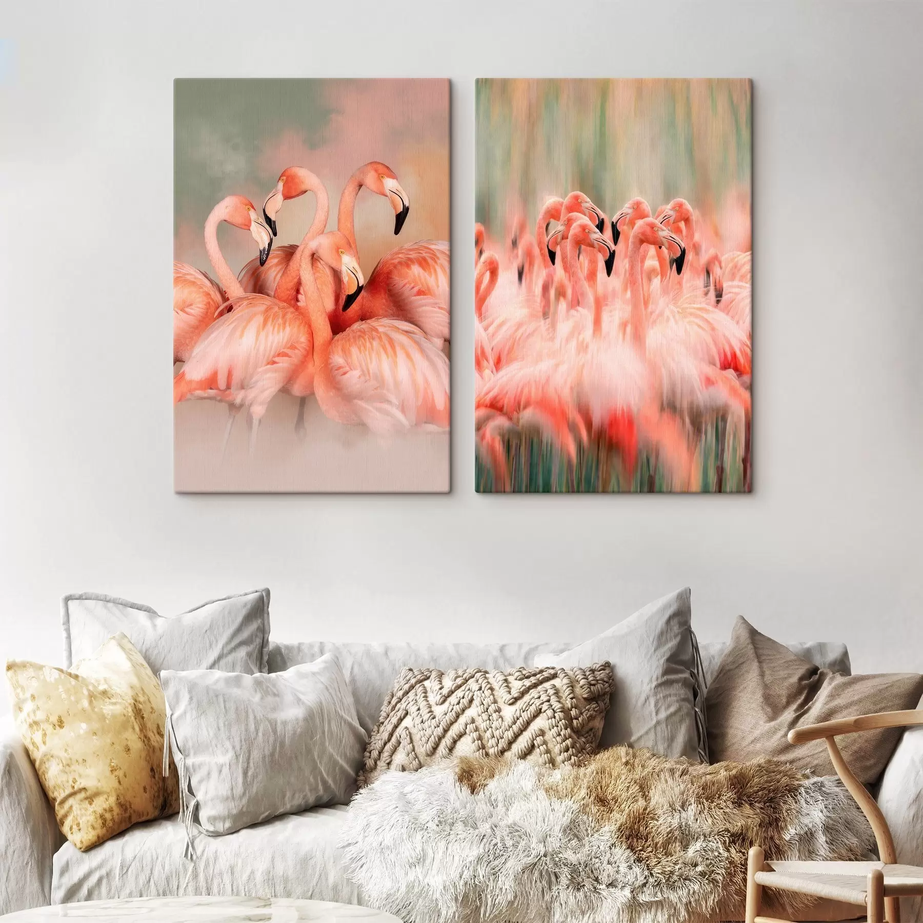 wall murals An artistic diptych with pink flamingos in pastel tones with a blurred and misty effect m30763