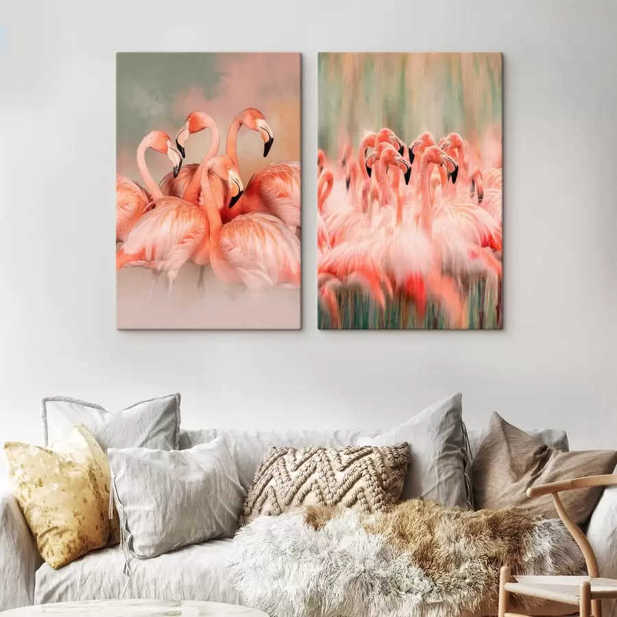 wall murals An artistic diptych with pink flamingos in pastel tones with a blurred and misty effect m30763