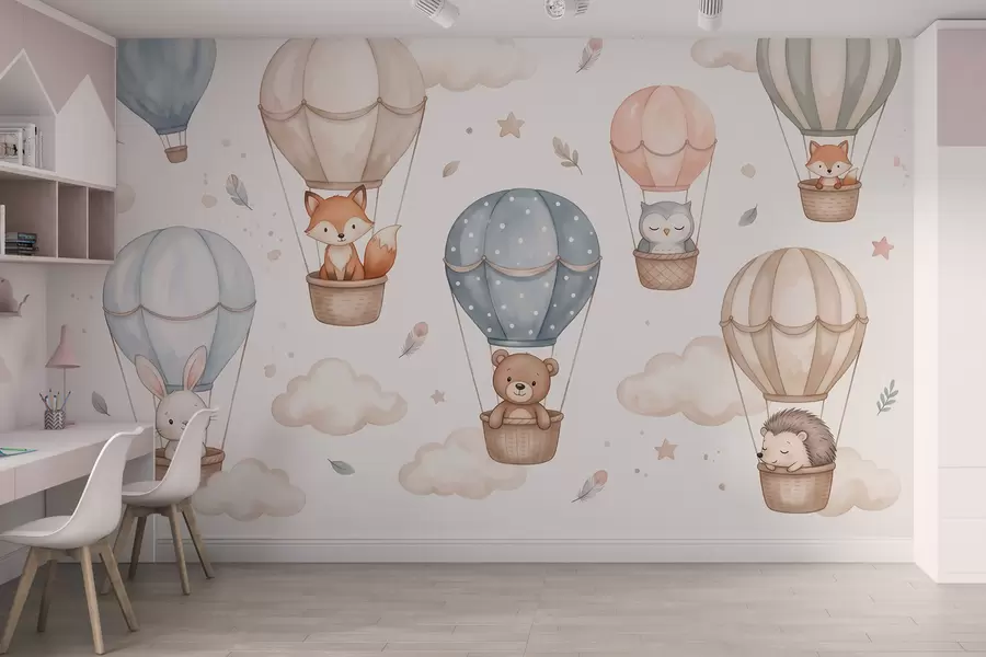Wall Mural Photo Wallpaper Woodland animals in hot air balloons, watercolor style, pastel palette w10001