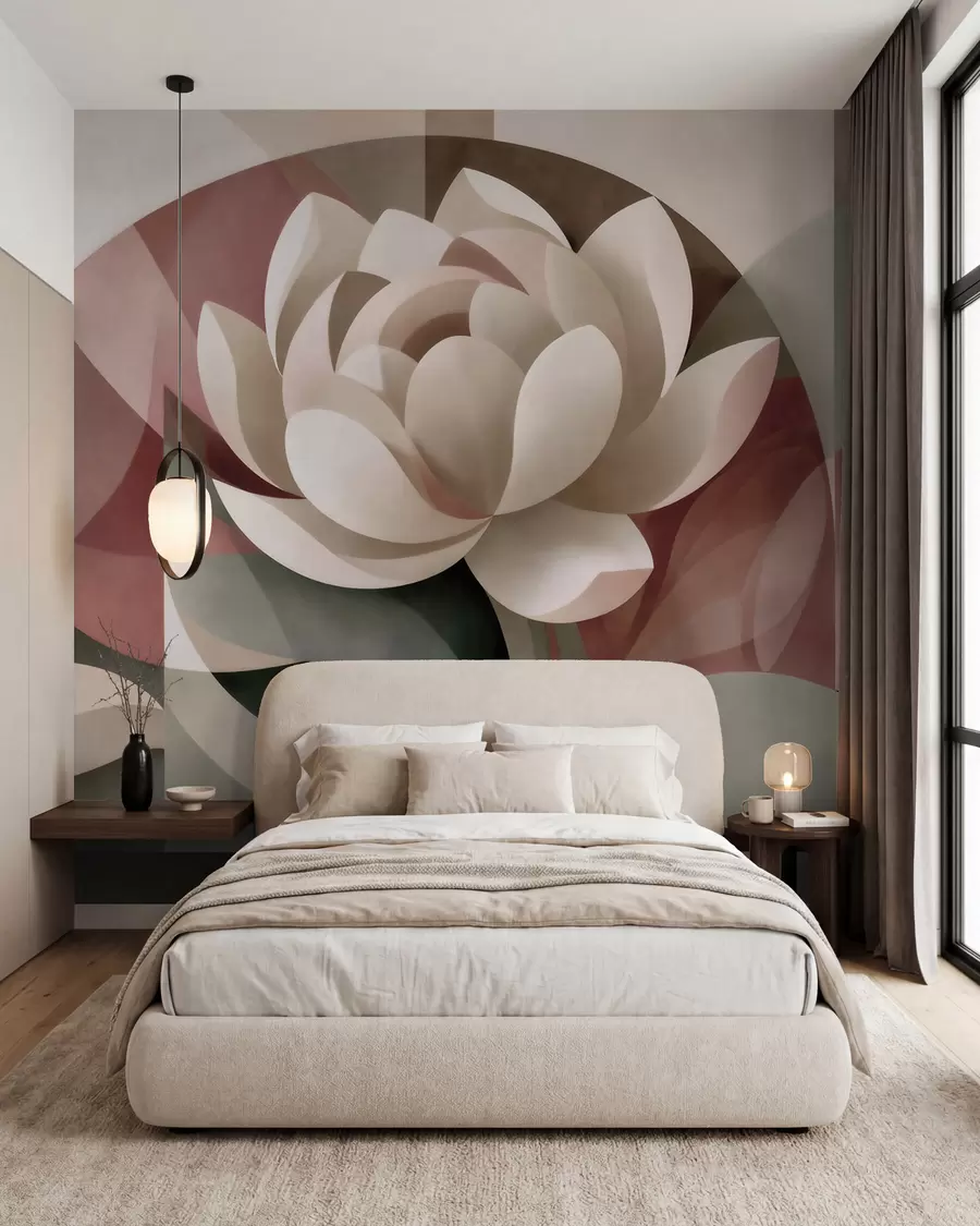 peintures murales Grande fleur abstraite réalisée selon une technique géométrique à facettes, dans une palette de tons poudrés et émeraude atténués w10035