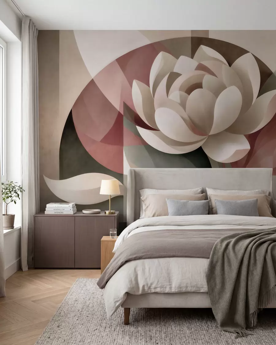 peintures murales Grande fleur abstraite réalisée selon une technique géométrique à facettes, dans une palette de tons poudrés et émeraude atténués w10035