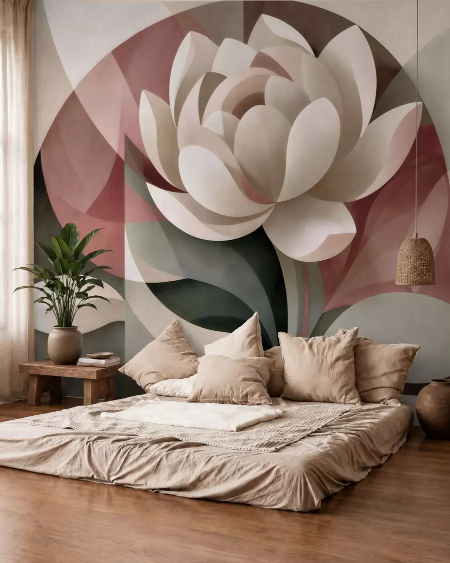 wall murals Large abstract flower in a faceted geometric technique, muted powder-emerald palette w10035