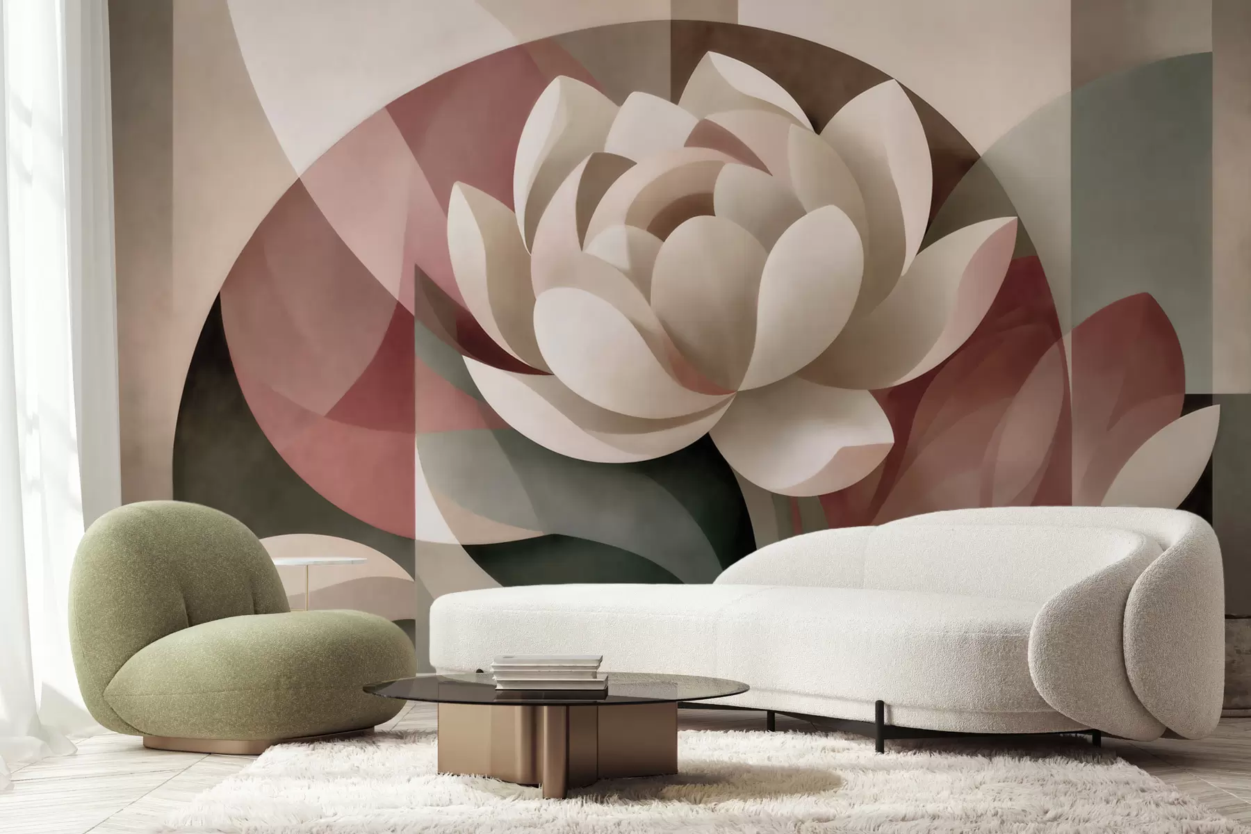 peintures murales Grande fleur abstraite réalisée selon une technique géométrique à facettes, dans une palette de tons poudrés et émeraude atténués w10035