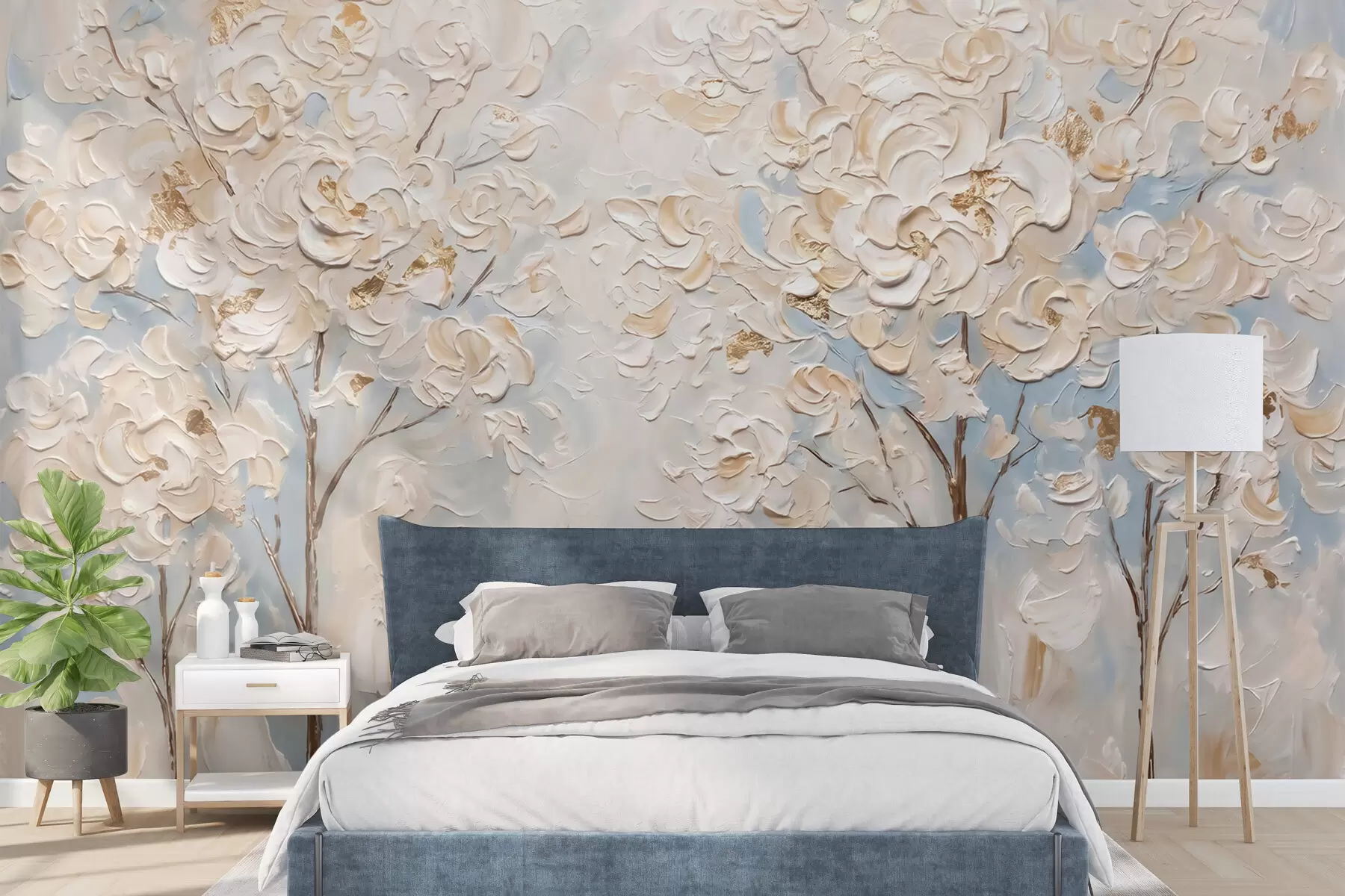 peintures murales Arbres aux fleurs blanches abondantes, imitation de peinture à l'huile w10039
