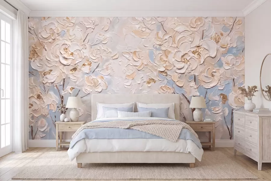 Wall Mural Photo Wallpaper Voluminous white blossoms on trees, imitation oil painting w10039