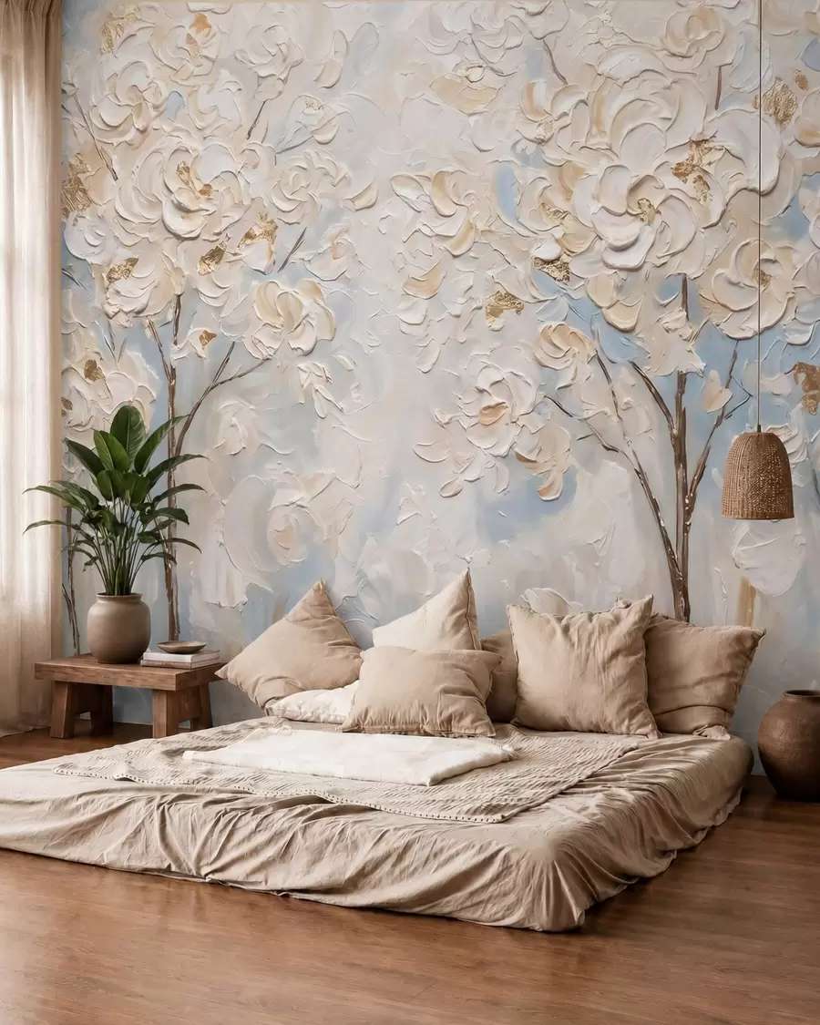 peintures murales Arbres aux fleurs blanches abondantes, imitation de peinture à l'huile w10039