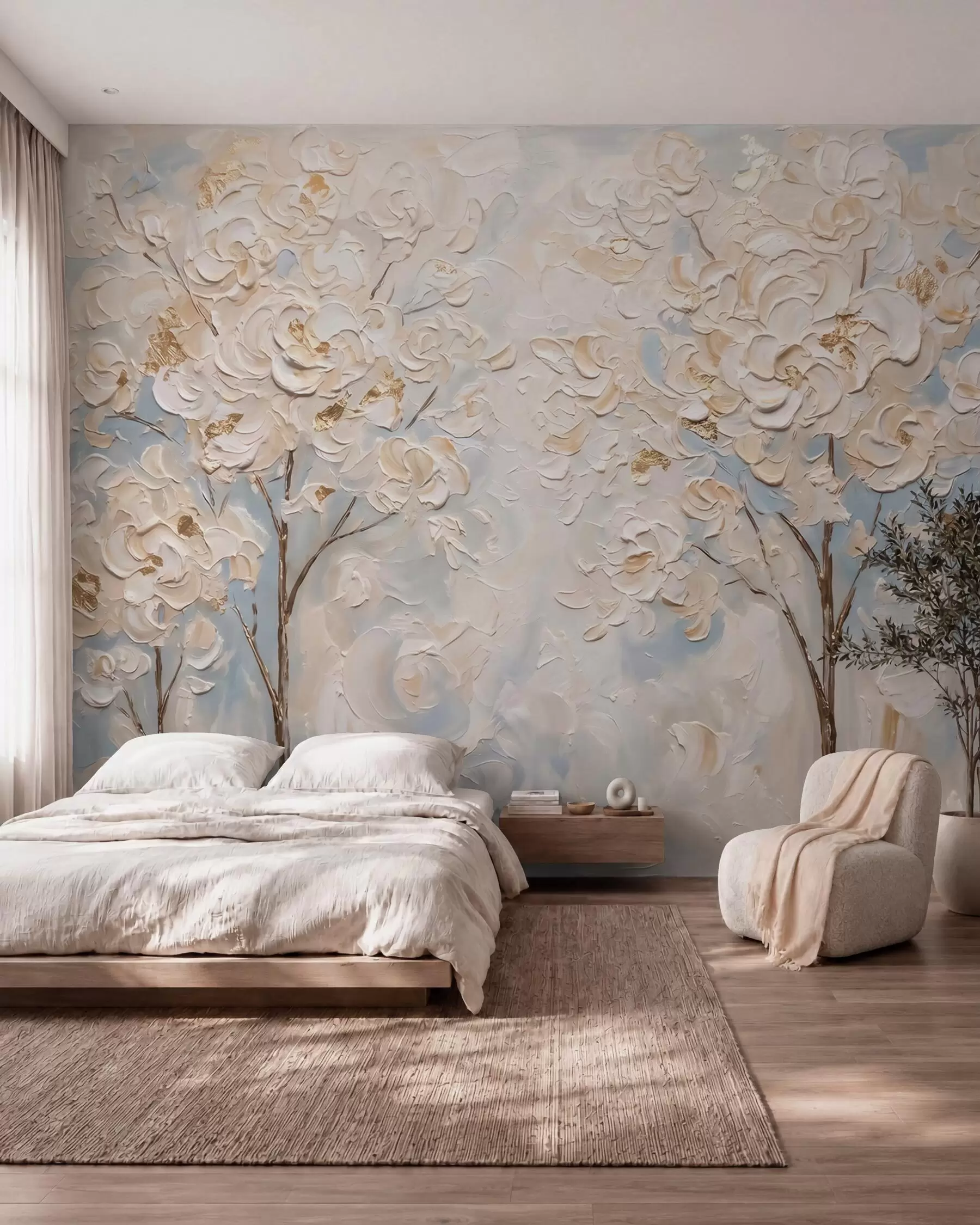 Wall Mural Photo Wallpaper Voluminous white blossoms on trees, imitation oil painting w10039