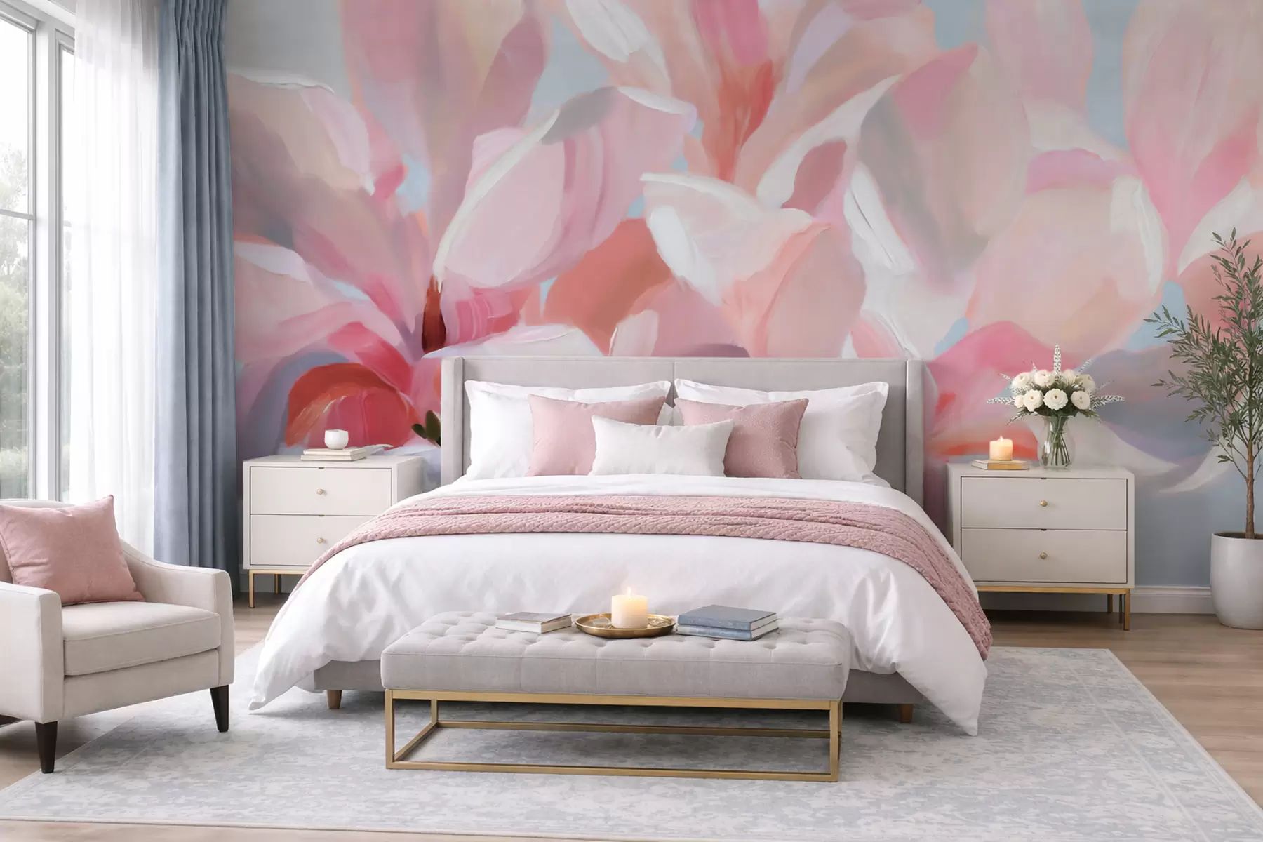 peintures murales Gros plan sur un magnolia rose, imitation d'une technique picturale douce w10043
