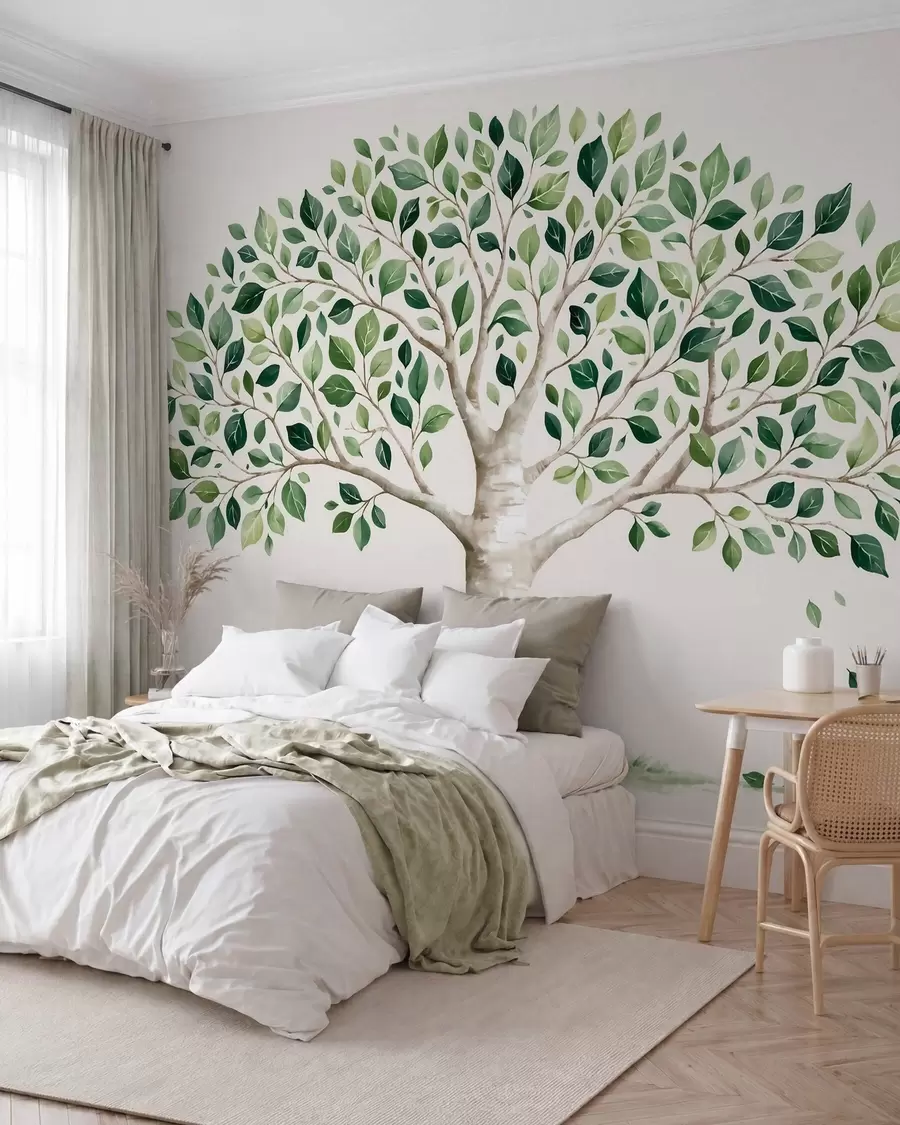wall murals Tree with green foliage, watercolor style, minimalist w10046