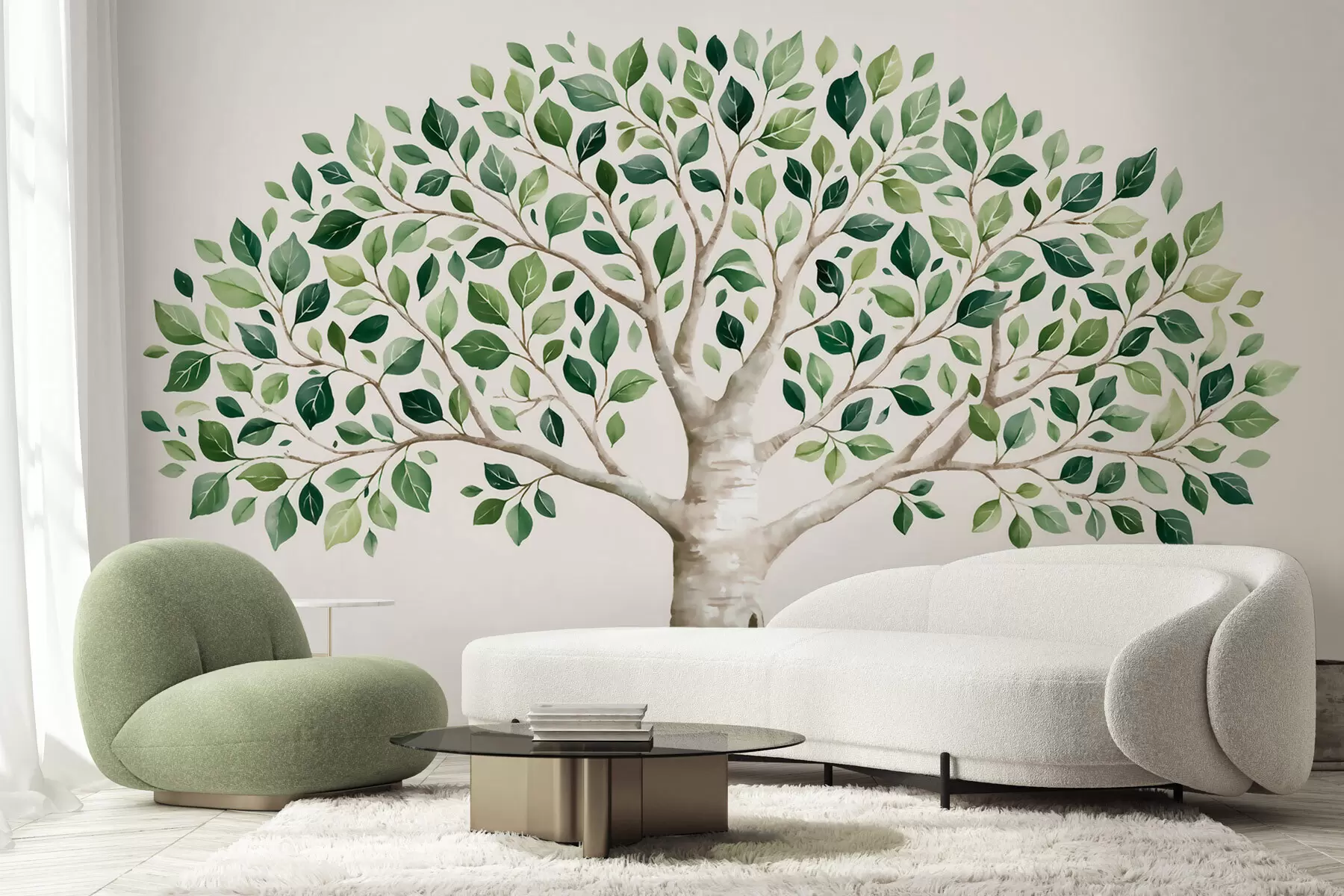 peintures murales Arbre au feuillage vert, style aquarelle, minimaliste w10046