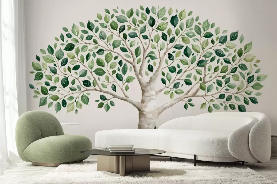 Wall Mural Photo Wallpaper Tree with green foliage, watercolor style, minimalist w10046