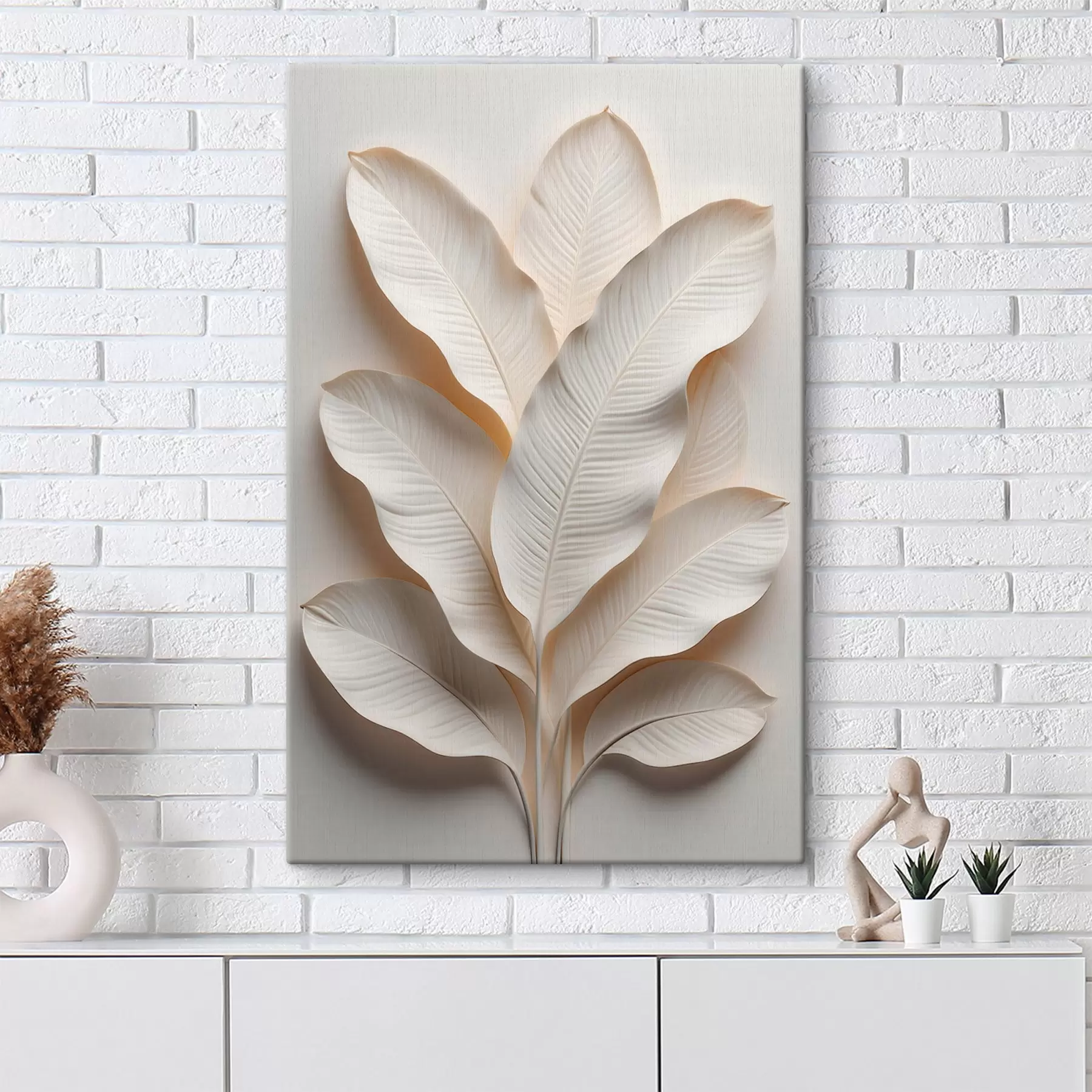 wall murals A contemporary interior composition with textured relief leaves in a light neutral palette s50017
