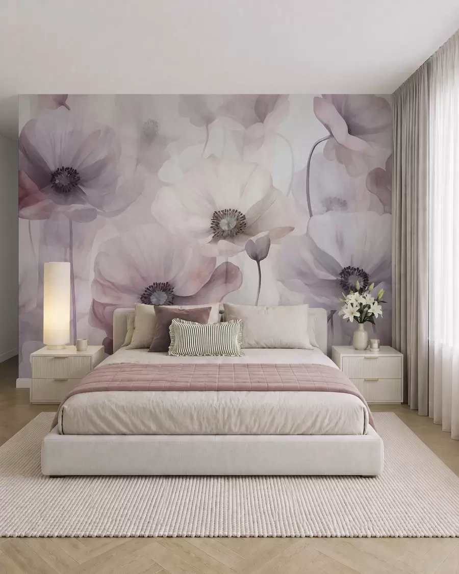 peintures murales Des coquelicots rose pâle et blancs aux pétales délicats w10029v1