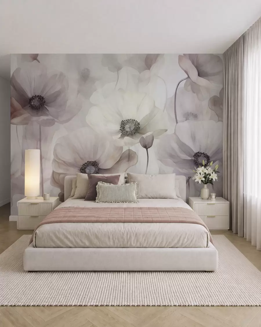 peintures murales Des coquelicots rose pâle et beiges aux pétales délicats w10029