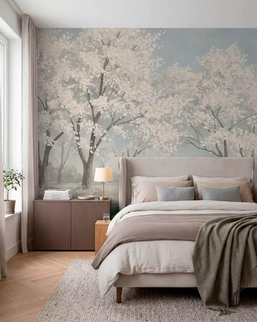 Wall Mural Photo Wallpaper Pale blooming trees in a meadow in pastel tones w05897