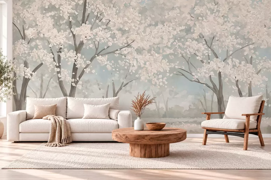 Wall Mural Photo Wallpaper Pale blooming trees in a meadow in pastel tones w05897