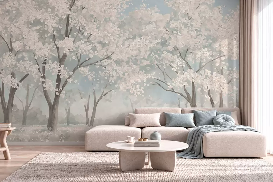 peintures murales Des arbres en fleurs aux teintes pâles dans une prairie aux tons pastel w05897