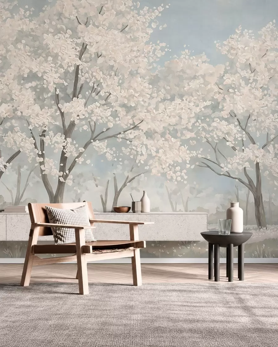 Wall Mural Photo Wallpaper Pale blooming trees in a meadow in pastel tones w05897