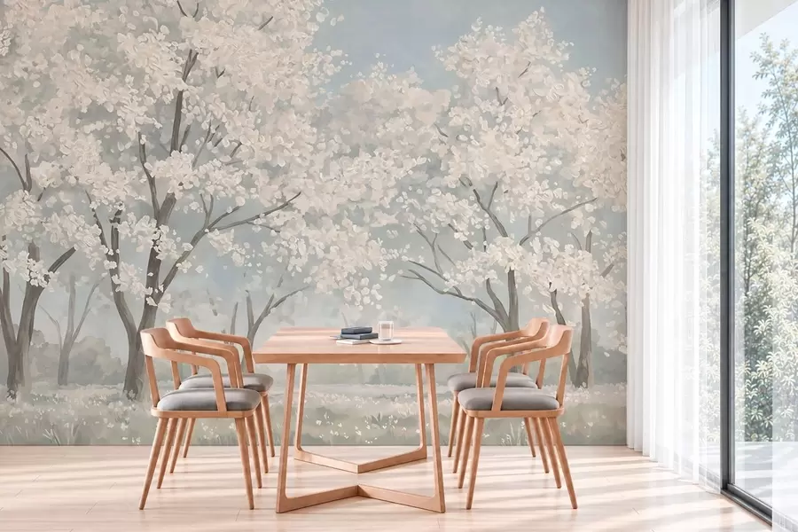 Wall Mural Photo Wallpaper Pale blooming trees in a meadow in pastel tones w05897