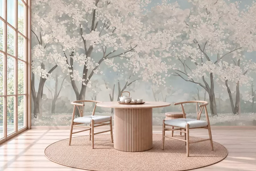Wall Mural Photo Wallpaper Pale blooming trees in a meadow in pastel tones w05897