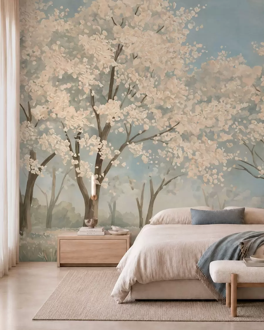 Wall Mural Photo Wallpaper Blooming pale trees beneath a soft blue sky w05897v1